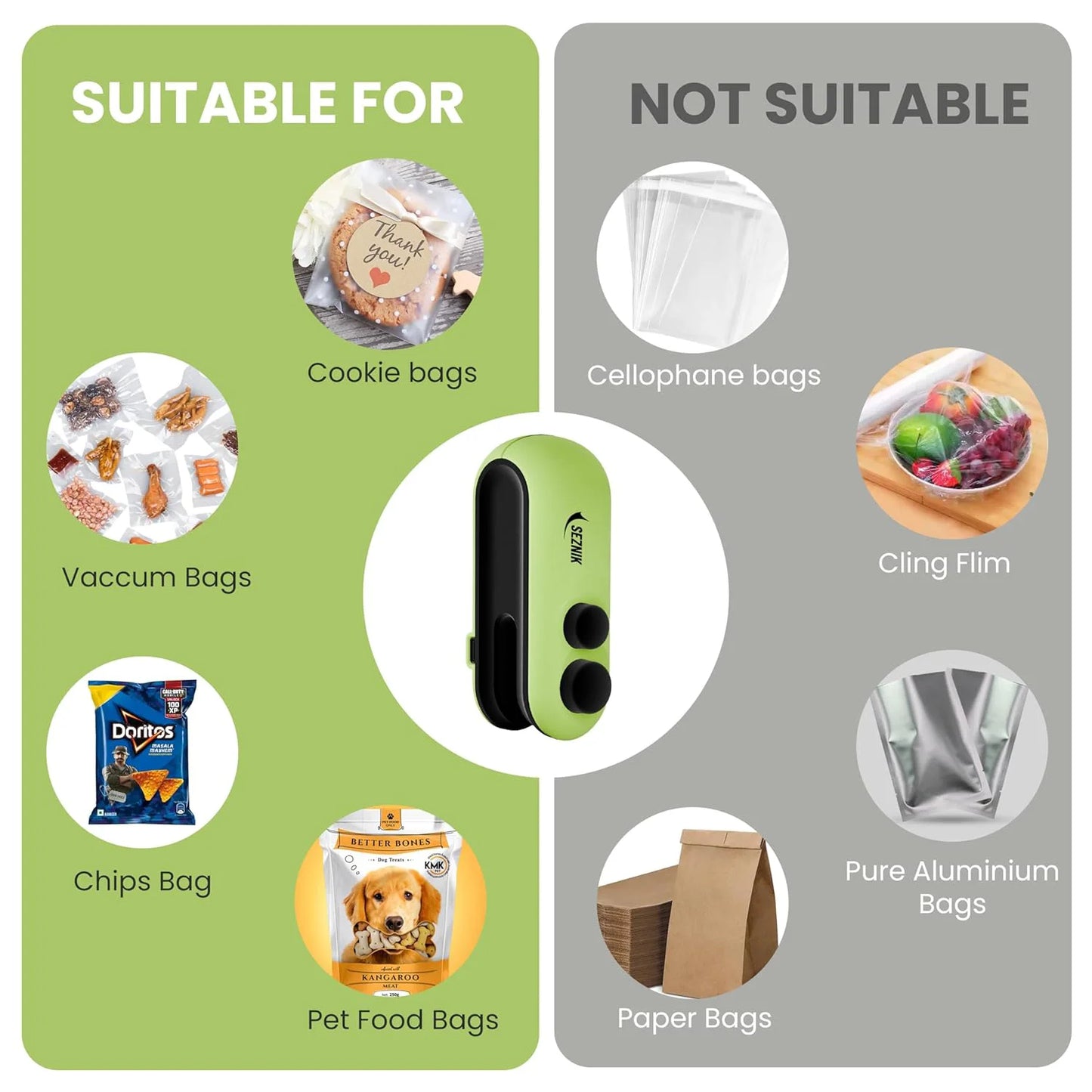Seznik Portable Mini Sealing Machine, Handheld Packet Sealer for Food, Snacks, Chips, Fresh Storage, Plastic Bags Sealing Machine, 1 YEAR Warranty (Dark Green)