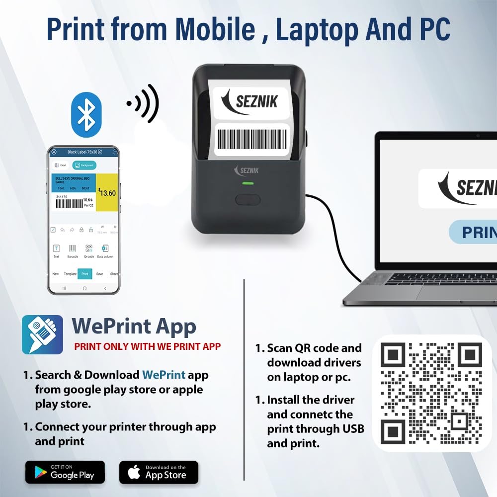 SEZNIK Josh Bluetooth Thermal Label Printer for Business | Inkless Mini | Batch, Cloud Printing | Jewellery, Round, Rectangle Label | Mobile, Desktop Compatible | Upto 2 inch Print | 1 Year Warranty Visit the SEZNIK Store