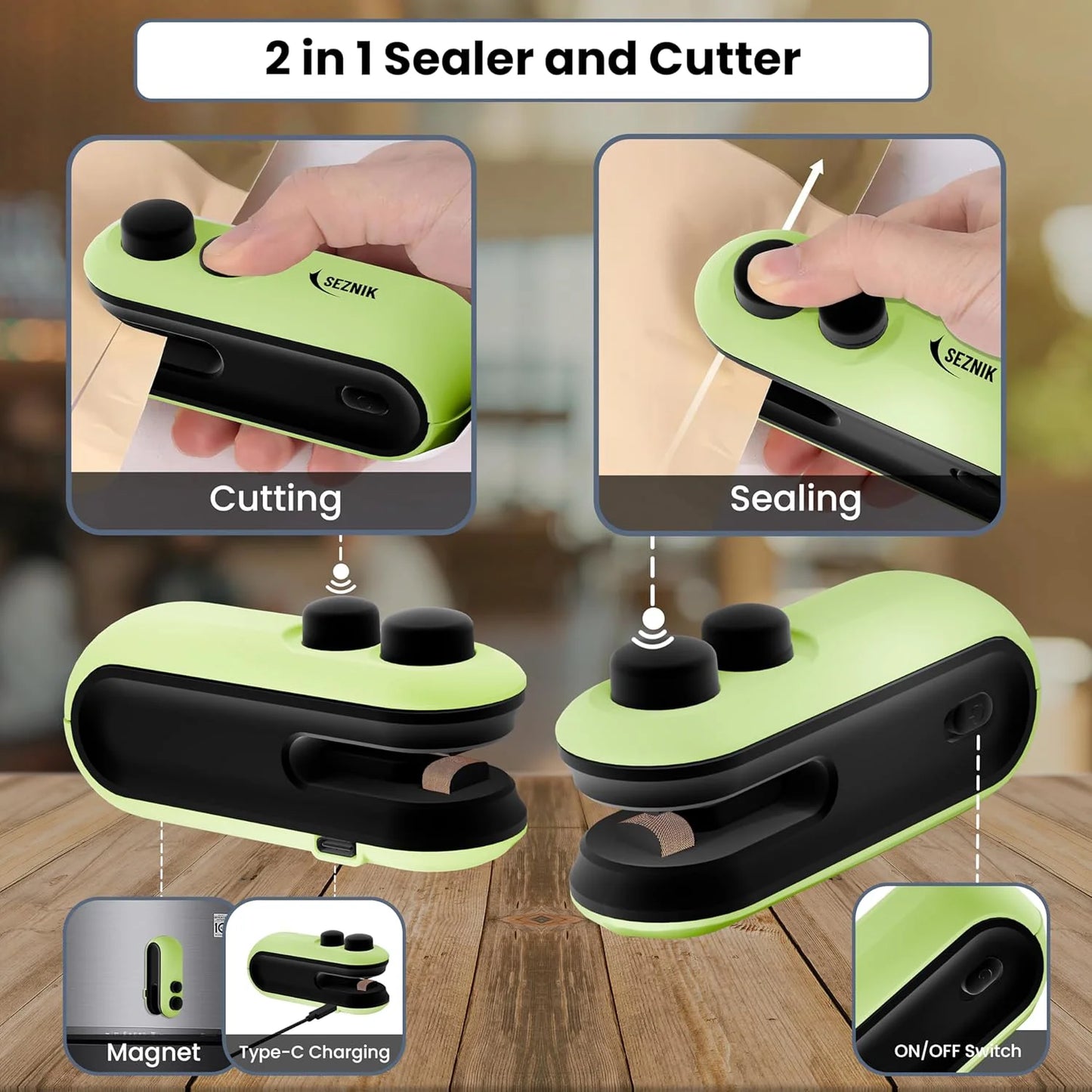 Seznik Portable Mini Sealing Machine, Handheld Packet Sealer for Food, Snacks, Chips, Fresh Storage, Plastic Bags Sealing Machine, 1 YEAR Warranty (Dark Green)