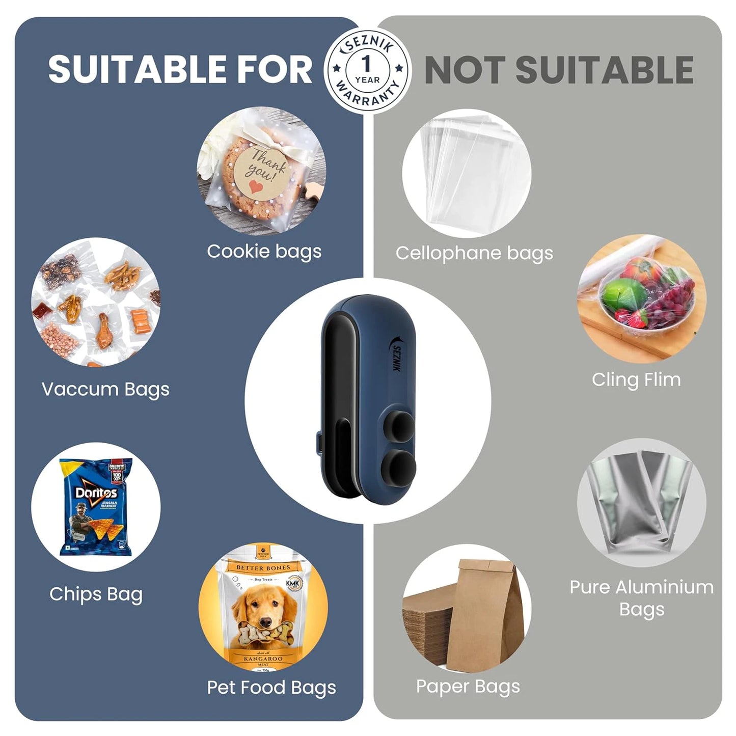 Seznik Portable Mini Sealing Machine, Handheld Packet Sealer for Food, Snacks, Chips, Fresh Storage, Plastic Bags Sealing Machine, 1 YEAR Warranty (Dark Blue)
