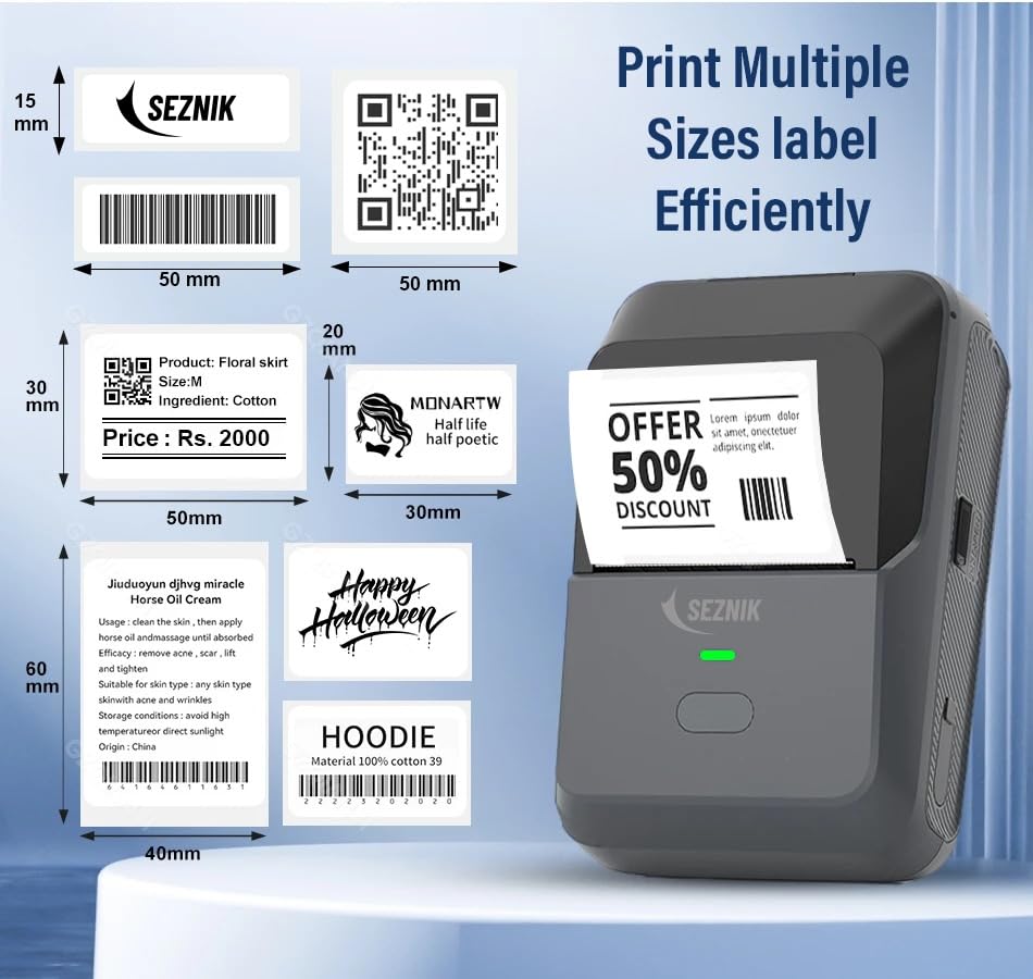 SEZNIK Josh Bluetooth Thermal Label Printer for Business | Inkless Mini | Batch, Cloud Printing | Jewellery, Round, Rectangle Label | Mobile, Desktop Compatible | Upto 2 inch Print | 1 Year Warranty Visit the SEZNIK Store