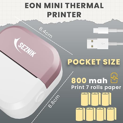 SEZNIK Mini Printer, Inkless, Thermal, Bluetooth, Portable Printer, Compatible Android, iOS Mobile. 1 Year Warranty (EON-Stealth Velvet)