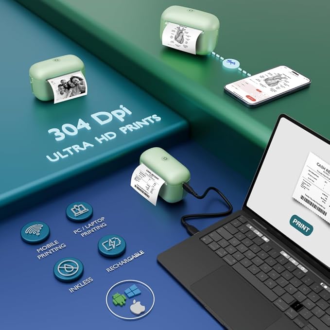 SEZNIK Mini Printer, Ultra Hd wireless Print 304 Dpi | Inkless | Portable Monochrome Home Inkjet Printers| Bluetooth Printer Compatible With Android Ios | 1 Year Warranty (Mini-Ultrahd-Green)