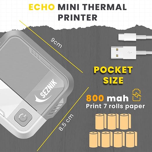 SEZNIK Mini Printer, Inkless, Thermal, Bluetooth, Portable Printer, Compatible Android, iOS Mobile. 1 Year Warranty (Echo-Stone Gray)
