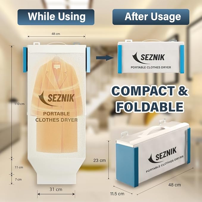 SEZNIK Portable Clothes Dryer, Compact Electric, UV Sterilizer, Wrinkle Remover with PTC Heating & Timer | Foldable, Hangable Dryer | Quick Drying for Home and Travel Use (SZ-CD07)