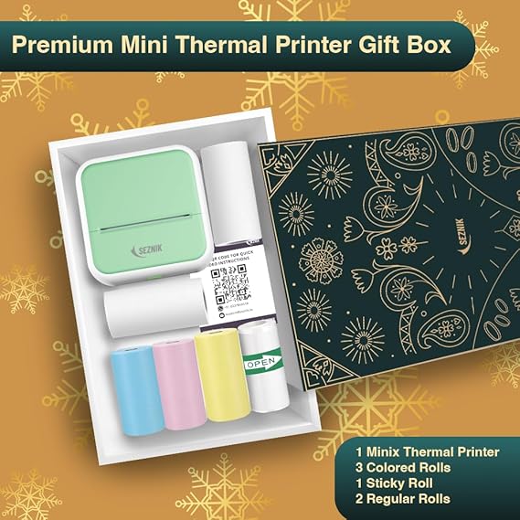 SEZNIK Mini Printer, Inkless, Thermal, Bluetooth, Portable Printer, Compatible Android, iOS Mobile. 1 Year Warranty (MiniX-Green)