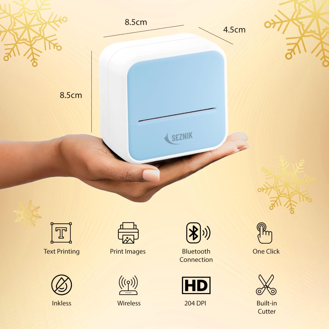 SEZNIK Mini wireless Monochrome Home Inkjet Printers, Inkless, Bluetooth, Portable Pocket Printer, Compatible With Android, Ios Mobile. 1 Year Warranty (Minix-Blue)