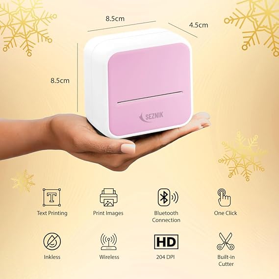 SEZNIK Mini Printer, Inkless, Thermal, Bluetooth, Portable Printer, Compatible Android, iOS Mobile. 1 Year Warranty (MiniX-Pink)