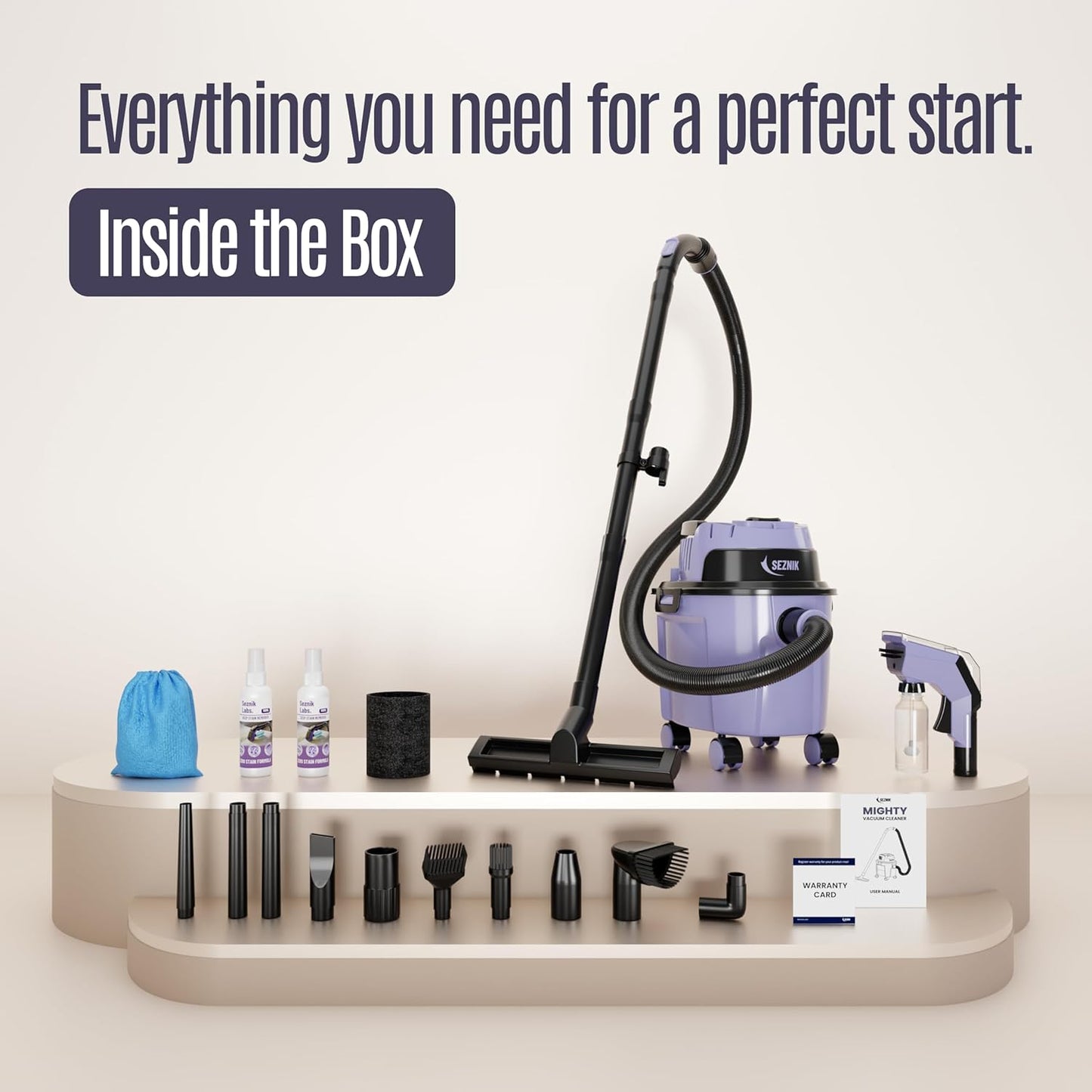 SEZNIK Mighty Wet and Dry Vacuum Cleaner for Home | Spot Cleaning & Blowing | 1300Watt, 20KPA Suction | 9 Attachments | 6m BIS Cord | Includes Free 1 Year Maintenance Kit Worth βΉ2699 | 1 Year Warranty