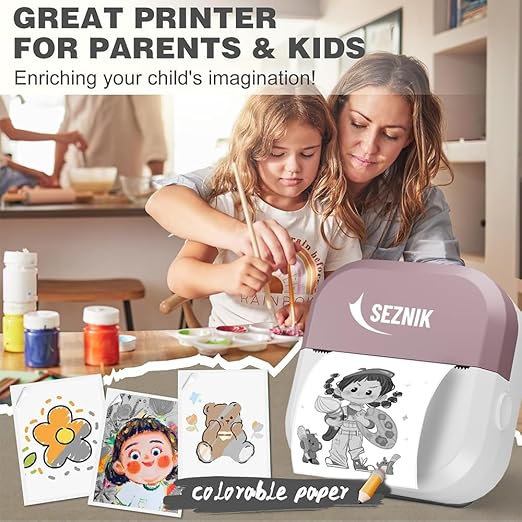 SEZNIK Mini Printer, Inkless, Thermal, Bluetooth, Portable Printer, Compatible Android, iOS Mobile. 1 Year Warranty (EON-Stealth Velvet)