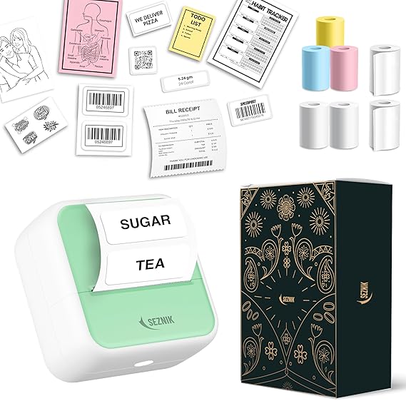 SEZNIK Mini Printer, Inkless, Thermal, Bluetooth, Portable Printer, Compatible Android, iOS Mobile. 1 Year Warranty (MiniX-Green)