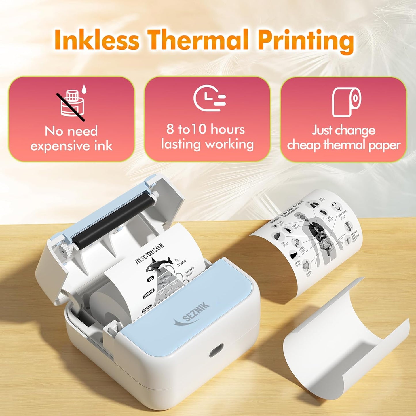 SEZNIK Mini Printer, Inkless, Thermal, Bluetooth, Portable Printer, Compatible Android, iOS Mobile. 1 Year Warranty (MiniX-White))