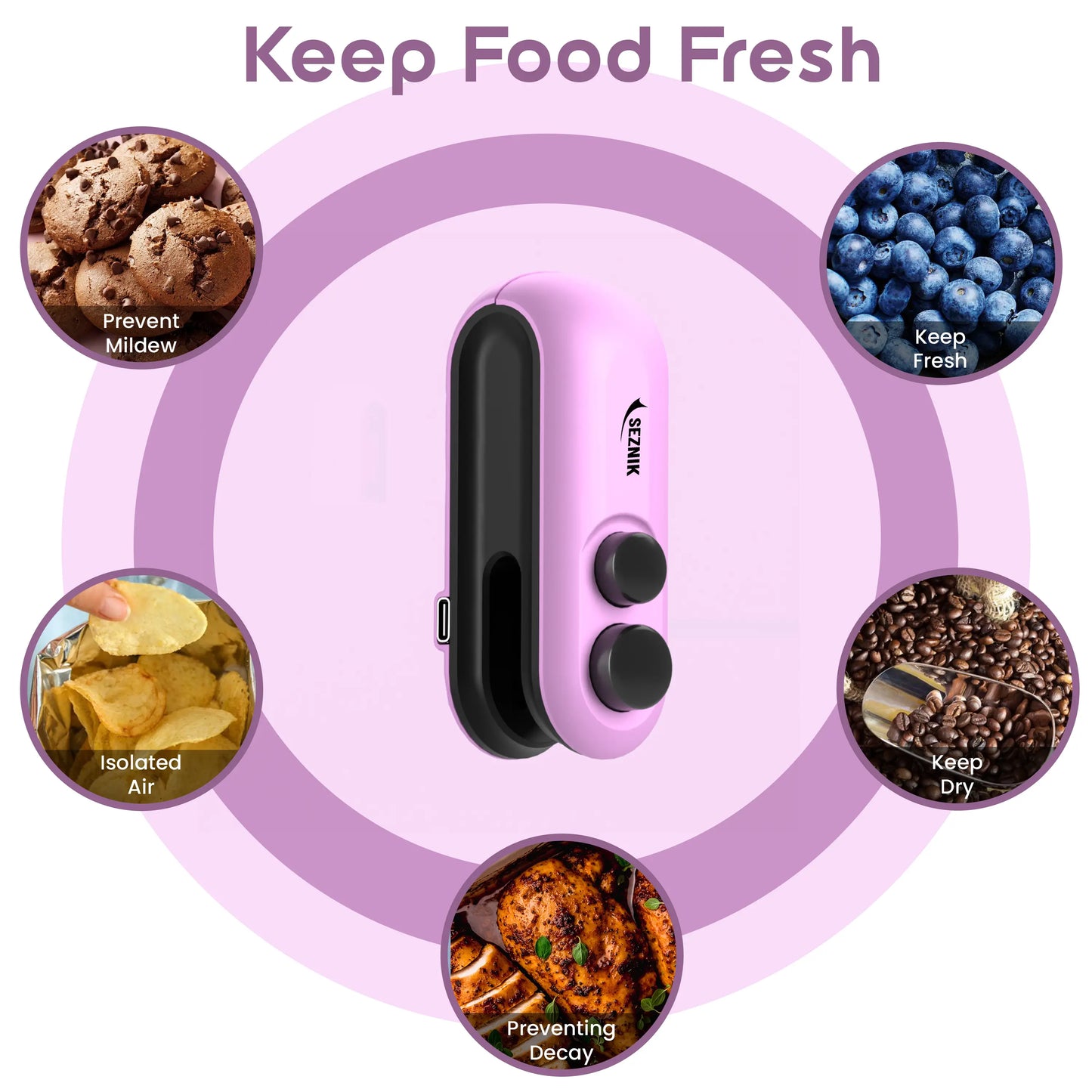 Seznik Portable Mini Sealing Machine, Handheld Packet Sealer for Food, Snacks, Chips, Fresh Storage, Plastic Bags Sealing Machine, 1 YEAR Warranty (Purple)