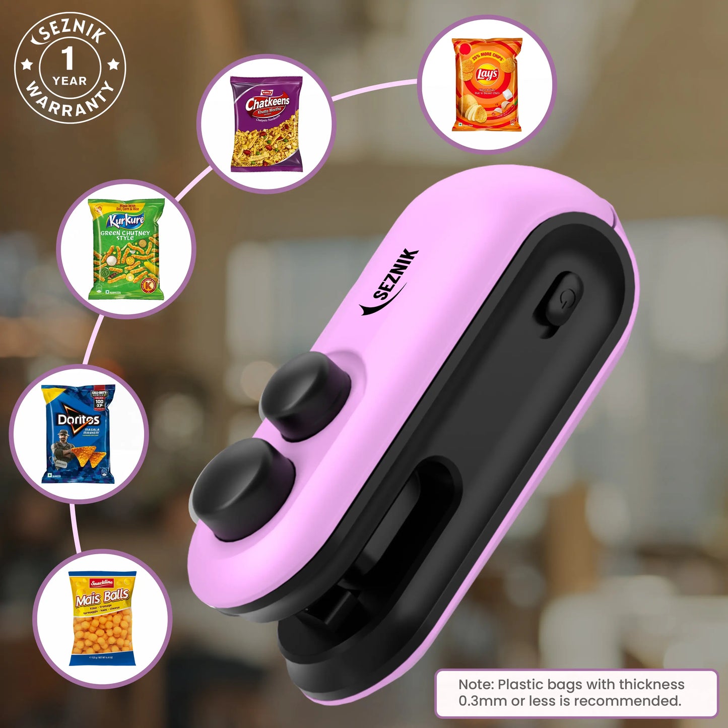 Seznik Portable Mini Sealing Machine, Handheld Packet Sealer for Food, Snacks, Chips, Fresh Storage, Plastic Bags Sealing Machine, 1 YEAR Warranty (Purple)