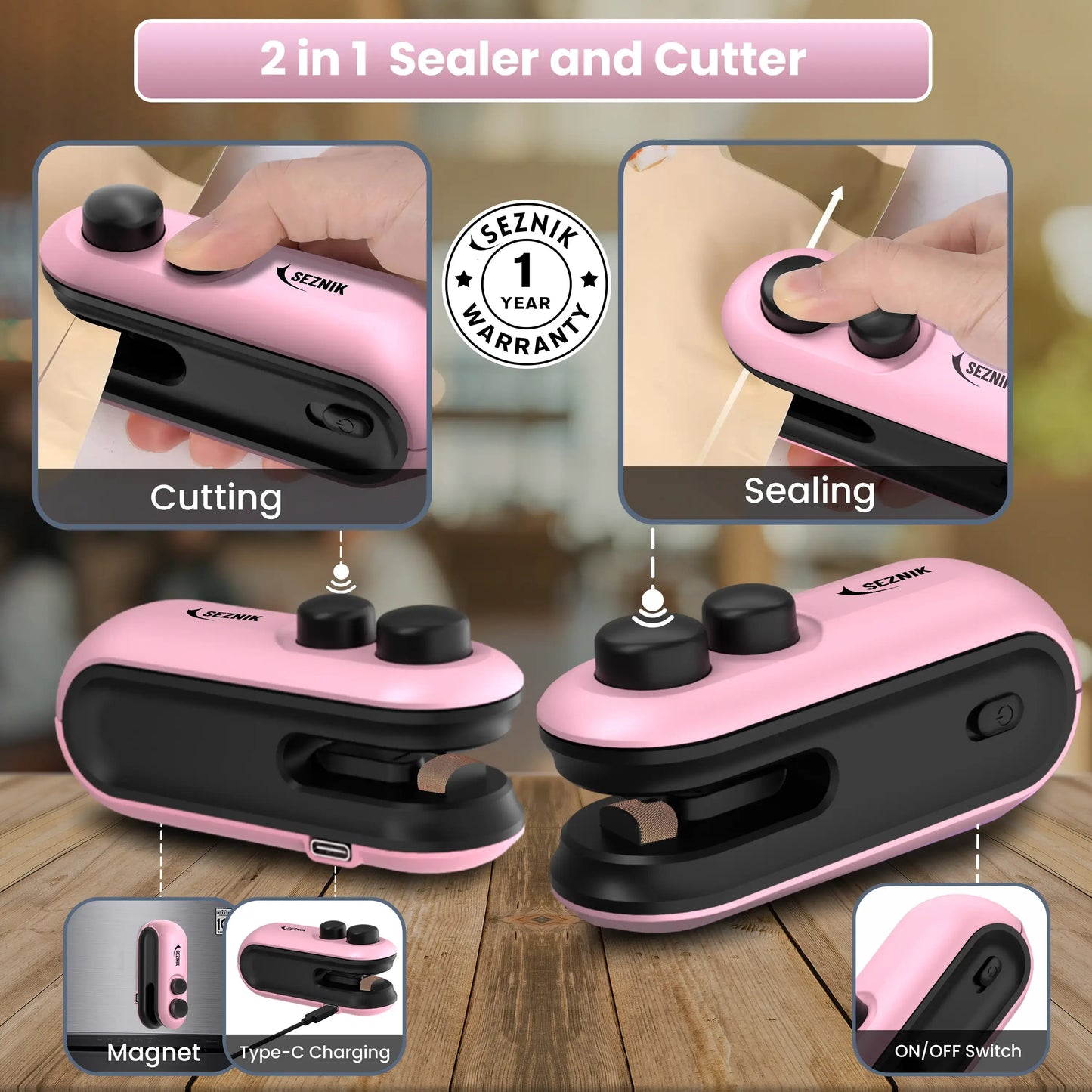 Seznik Portable Mini Sealing Machine, Handheld Packet Sealer for Food, Snacks, Chips, Fresh Storage, Plastic Bags Sealing Machine, 1 YEAR Warranty (Pink)
