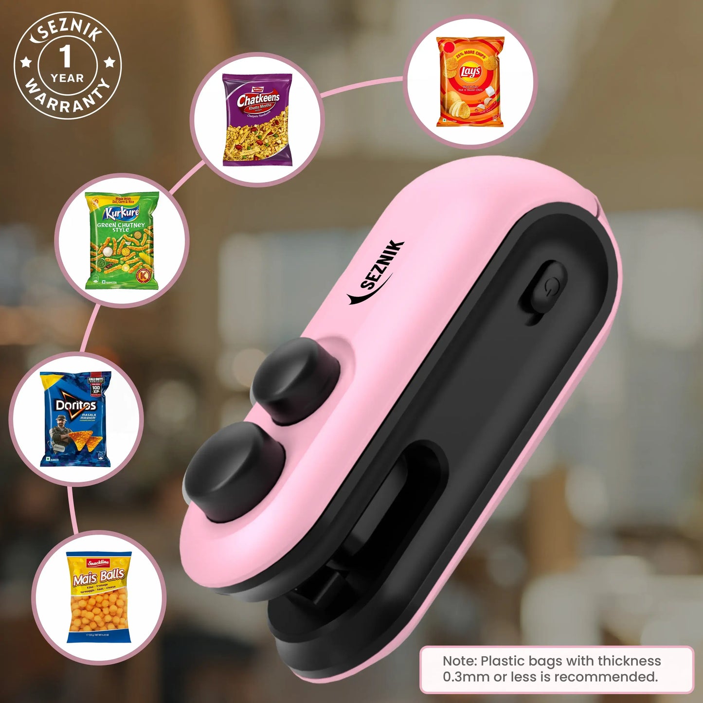 Seznik Portable Mini Sealing Machine, Handheld Packet Sealer for Food, Snacks, Chips, Fresh Storage, Plastic Bags Sealing Machine, 1 YEAR Warranty (Pink)