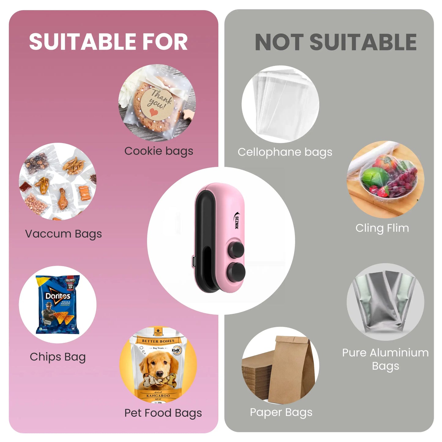 Seznik Portable Mini Sealing Machine, Handheld Packet Sealer for Food, Snacks, Chips, Fresh Storage, Plastic Bags Sealing Machine, 1 YEAR Warranty (Pink)
