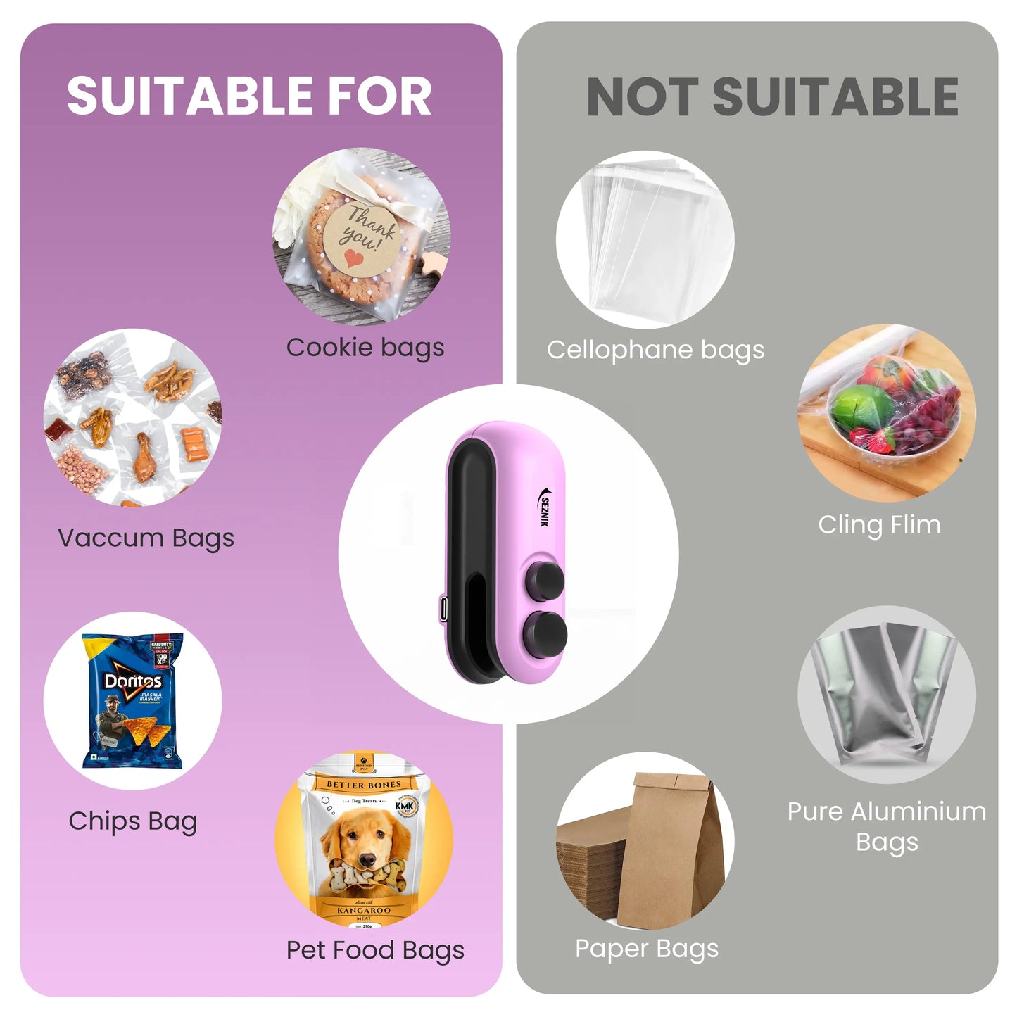 Seznik Portable Mini Sealing Machine, Handheld Packet Sealer for Food, Snacks, Chips, Fresh Storage, Plastic Bags Sealing Machine, 1 YEAR Warranty (Purple)