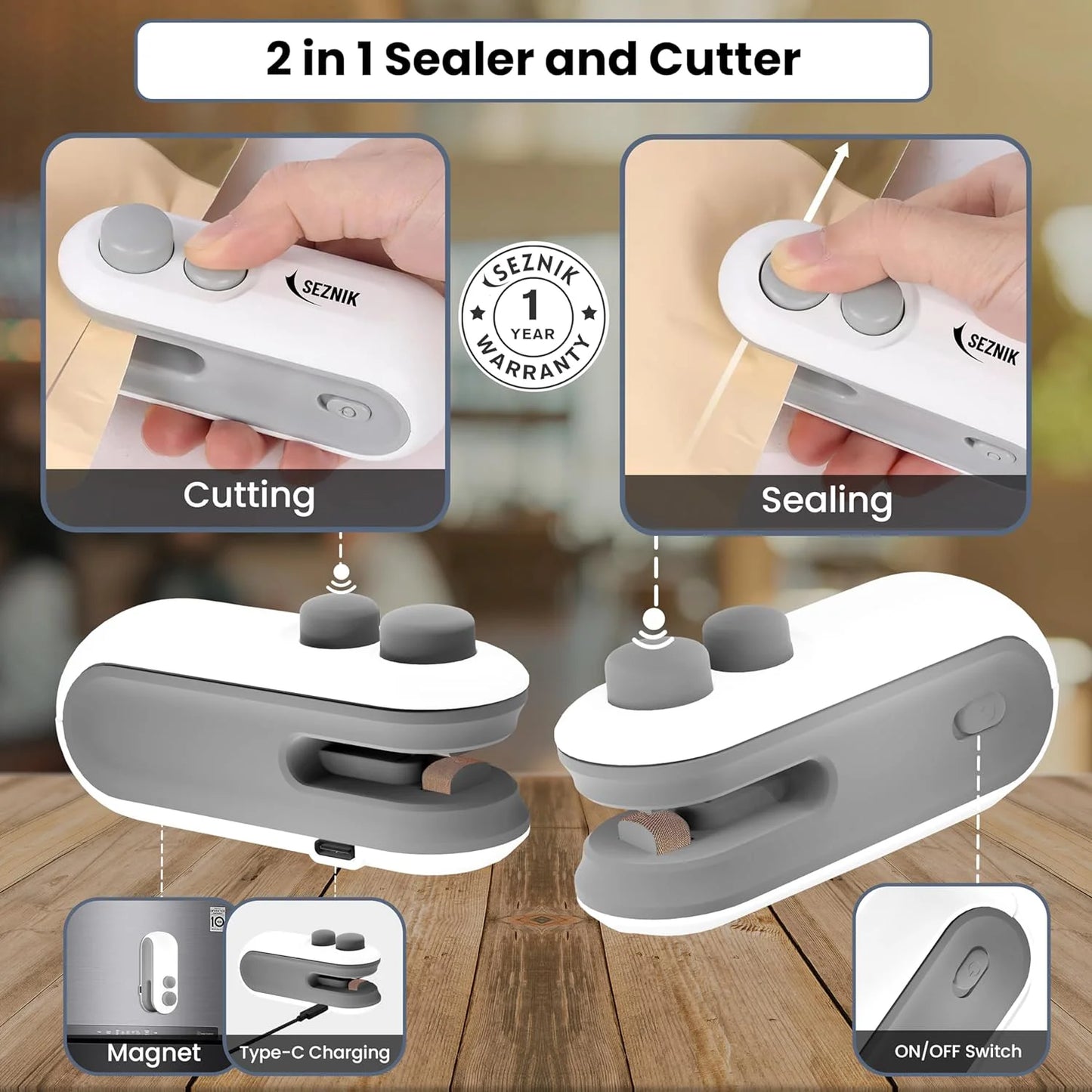 Seznik Portable Mini Sealing Machine, Handheld Packet Sealer for Food, Snacks, Chips, Fresh Storage, Plastic Bags Sealing Machine, 1 YEAR Warranty (White)