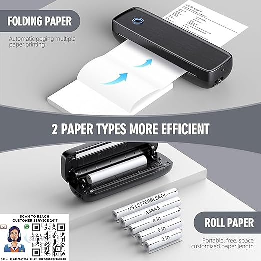 SEZNIK Portable Wireless Inkless A4 Paper Printer | Portable Mini Printer | USB, Bluetooth Printer Compatible with Android iOS Mobile Laptop |1Year Warranty (Classic-203dpi-White)