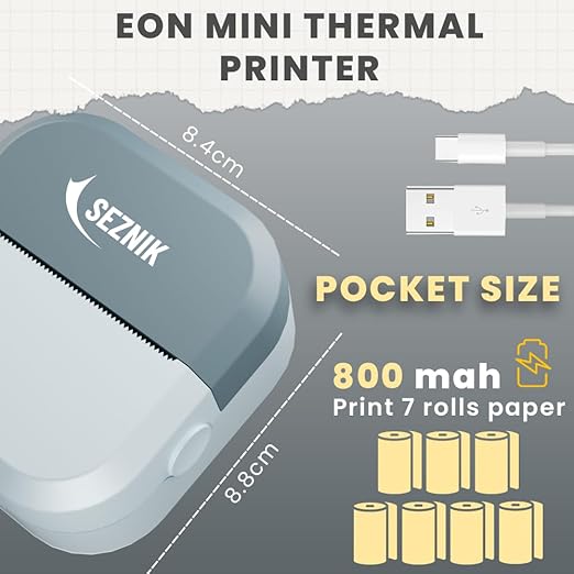 SEZNIK Mini Printer, Inkless, Thermal, Bluetooth, Portable Printer, Compatible Android, iOS Mobile. 1 Year Warranty (EON-PhantomBlue)