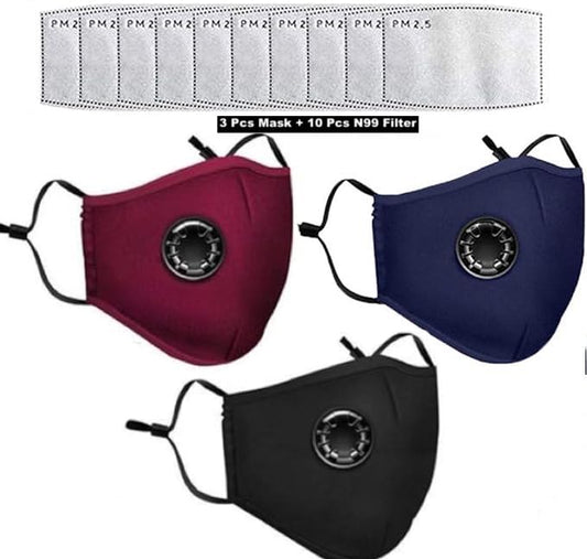 Yugan N99 Anti Pollution Reusable and Washable Face Mask with 10 Replaceable Filters, Unisex, With Valve, Pack of 3 Mask with 10 filters Oxiclearr