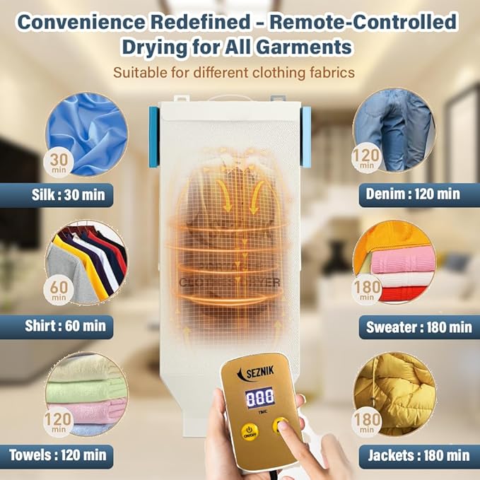 SEZNIK Portable Clothes Dryer, Compact Electric, UV Sterilizer, Wrinkle Remover with PTC Heating & Timer | Foldable, Hangable Dryer | Quick Drying for Home and Travel Use (SZ-CD07)