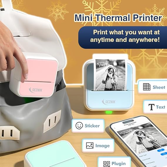 SEZNIK Mini wireless Monochrome Home Inkjet Printers, Inkless, Bluetooth, Portable Pocket Printer, Compatible With Android, Ios Mobile. 1 Year Warranty (Minix-Blue)