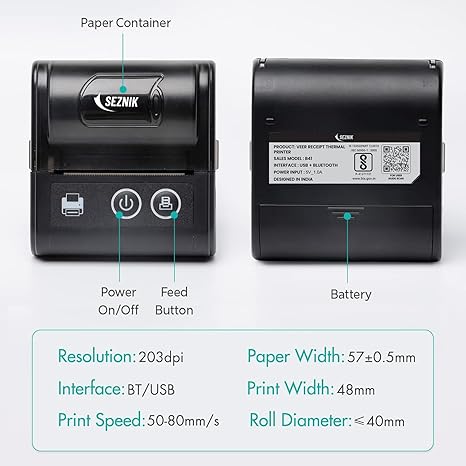 Veer Bluetooth+USB Thermal Receipt Printer 58 mm | Rechargeable Inkless | Mobile, Desktop Compatible (Veer - Receipt Printer)
