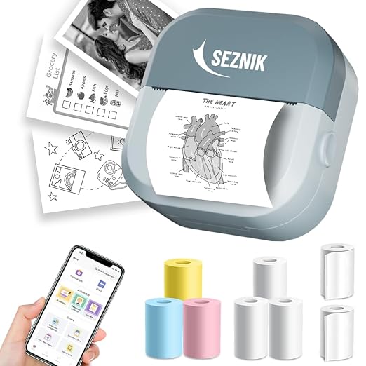 SEZNIK Mini Printer, Inkless, Thermal, Bluetooth, Portable Printer, Compatible Android, iOS Mobile. 1 Year Warranty (EON-PhantomBlue)