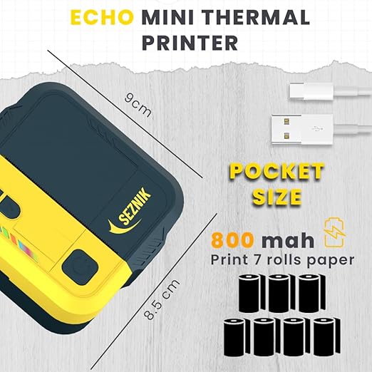 SEZNIK Mini Printer, Inkless, Thermal, Bluetooth, Portable Printer, Compatible Android, iOS Mobile. 1 Year Warranty (Echo-GoldenYellow)