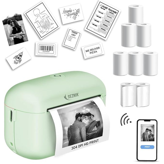 SEZNIK Mini Printer, Ultra Hd wireless Print 304 Dpi | Inkless | Portable Monochrome Home Inkjet Printers| Bluetooth Printer Compatible With Android Ios | 1 Year Warranty (Mini-Ultrahd-Green)