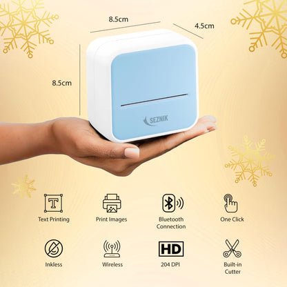 SEZNIK Mini wireless Monochrome Home Inkjet Printers, Inkless, Bluetooth, Portable Pocket Printer, Compatible With Android, Ios Mobile. 1 Year Warranty (Minix-Blue)