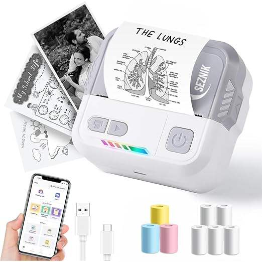 SEZNIK Mini Printer, Inkless, Thermal, Bluetooth, Portable Printer, Compatible Android, iOS Mobile. 1 Year Warranty (Echo-Stone Gray)