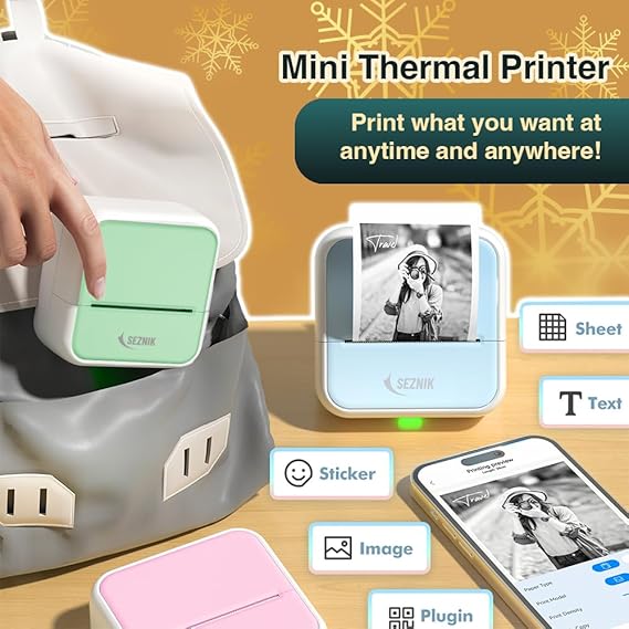 SEZNIK Mini Printer, Inkless, Thermal, Bluetooth, Portable Printer, Compatible Android, iOS Mobile. 1 Year Warranty (MiniX-Green)