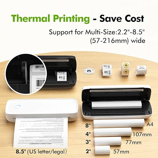 SEZNIK Portable Wireless Inkless A4 Paper Printer | Portable Mini Printer | USB, Bluetooth Printer Compatible with Android iOS Mobile Laptop |1Year Warranty (Classic-203dpi-White)