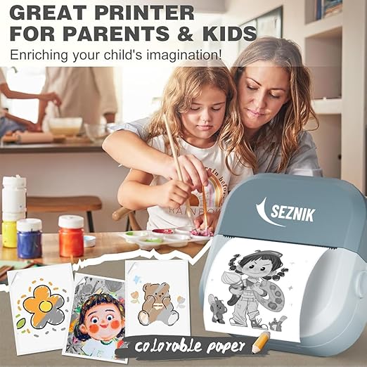SEZNIK Mini Printer, Inkless, Thermal, Bluetooth, Portable Printer, Compatible Android, iOS Mobile. 1 Year Warranty (EON-PhantomBlue)