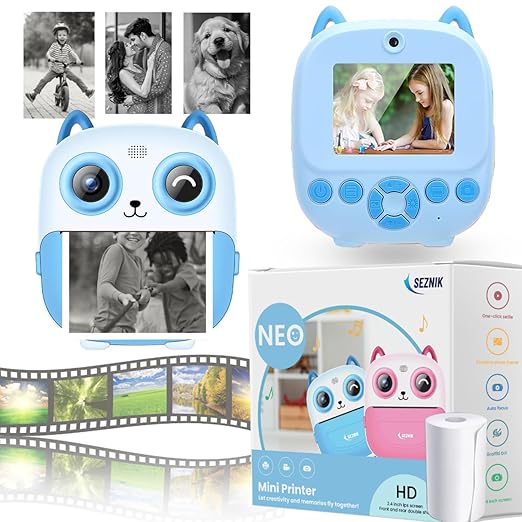 SEZNIK Mini Camera Printer, Click Photo Print, Inkless, Bluetooth HD Print, Android, iOS. Instant Print (Neo-Blue)