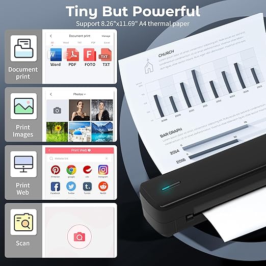 Portable A4 Printer, Bluetooth, Inkless Thermal Printer | USB, Bluetooth Compatible with Android iOS Laptop | 1 Year Warranty (Lite-203DPI-Black)