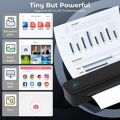 Portable A4 Printer, Bluetooth, Inkless Thermal Printer | USB, Bluetooth Compatible with Android iOS Laptop | 1 Year Warranty (Lite-203DPI-Black)
