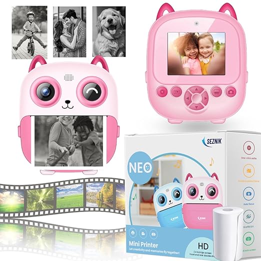 SEZNIK Mini Camera Printer, Click Photo Print, Inkless, Bluetooth HD Print, Android, iOS. Instant Print (Neo-Pink)