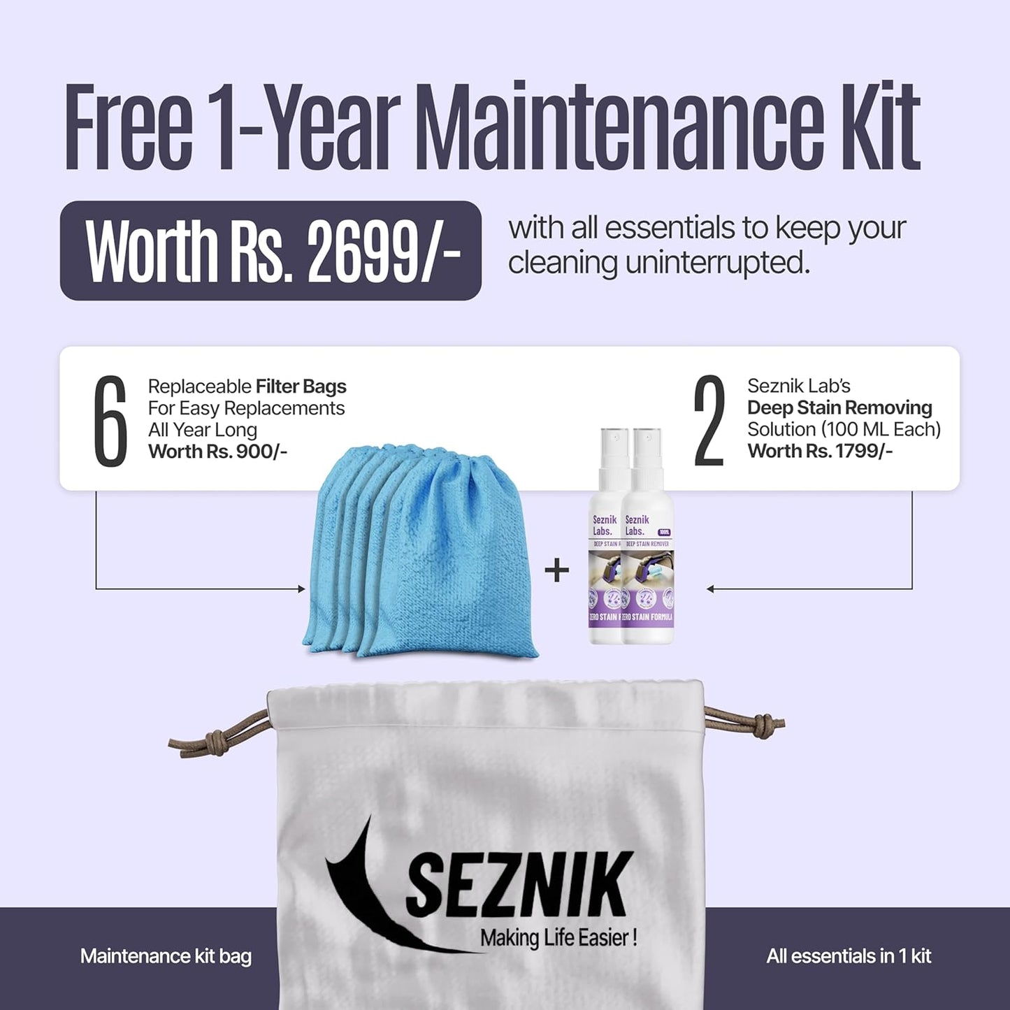 SEZNIK Mighty Wet and Dry Vacuum Cleaner for Home | Spot Cleaning & Blowing | 1300Watt, 20KPA Suction | 9 Attachments | 6m BIS Cord | Includes Free 1 Year Maintenance Kit Worth ₹2699 | 1 Year Warranty