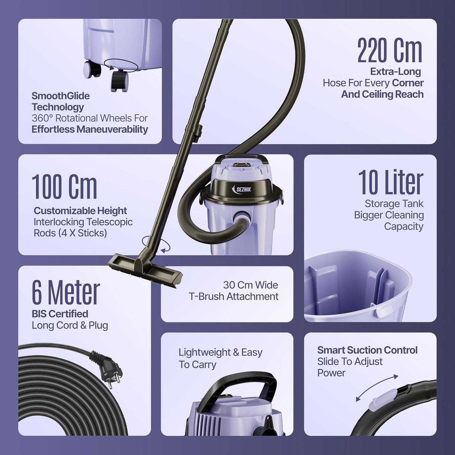 SEZNIK Mighty Wet and Dry Vacuum Cleaner for Home | Spot Cleaning & Blowing | 1300Watt, 20KPA Suction | 9 Attachments | 6m BIS Cord | Includes Free 1 Year Maintenance Kit Worth ₹2699 | 1 Year Warranty