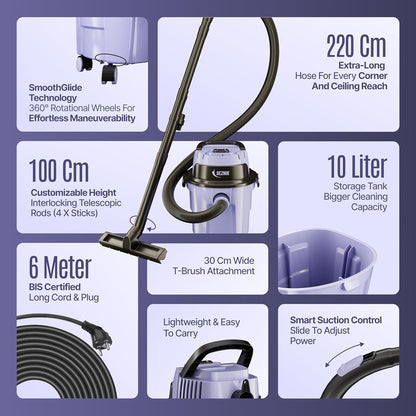 SEZNIK Mighty Wet and Dry Vacuum Cleaner for Home | Spot Cleaning & Blowing | 1300Watt, 20KPA Suction | 9 Attachments | 6m BIS Cord | Includes Free 1 Year Maintenance Kit Worth ₹2699 | 1 Year Warranty