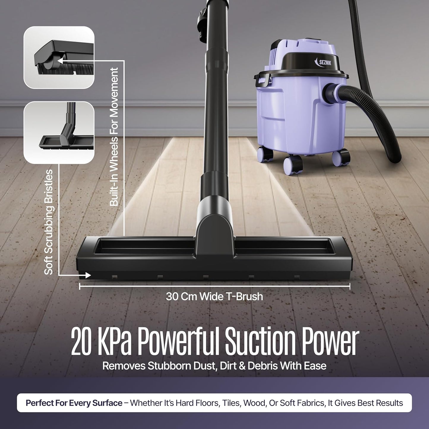 SEZNIK Mighty Wet and Dry Vacuum Cleaner for Home | Spot Cleaning & Blowing | 1300Watt, 20KPA Suction | 9 Attachments | 6m BIS Cord | Includes Free 1 Year Maintenance Kit Worth ₹2699 | 1 Year Warranty