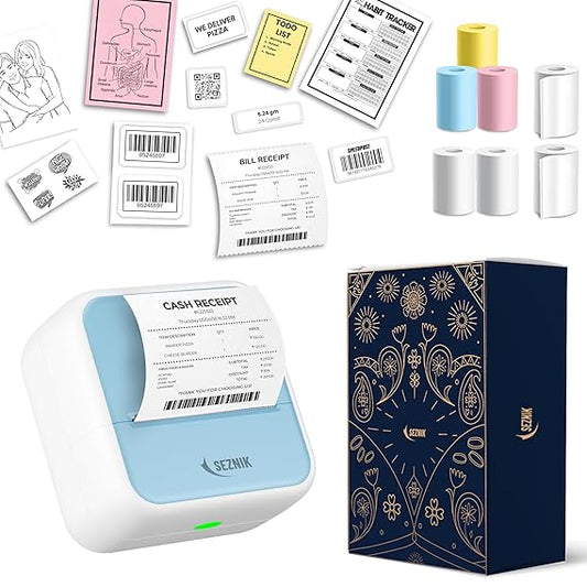 SEZNIK Mini wireless Monochrome Home Inkjet Printers, Inkless, Bluetooth, Portable Pocket Printer, Compatible With Android, Ios Mobile. 1 Year Warranty (Minix-Blue)