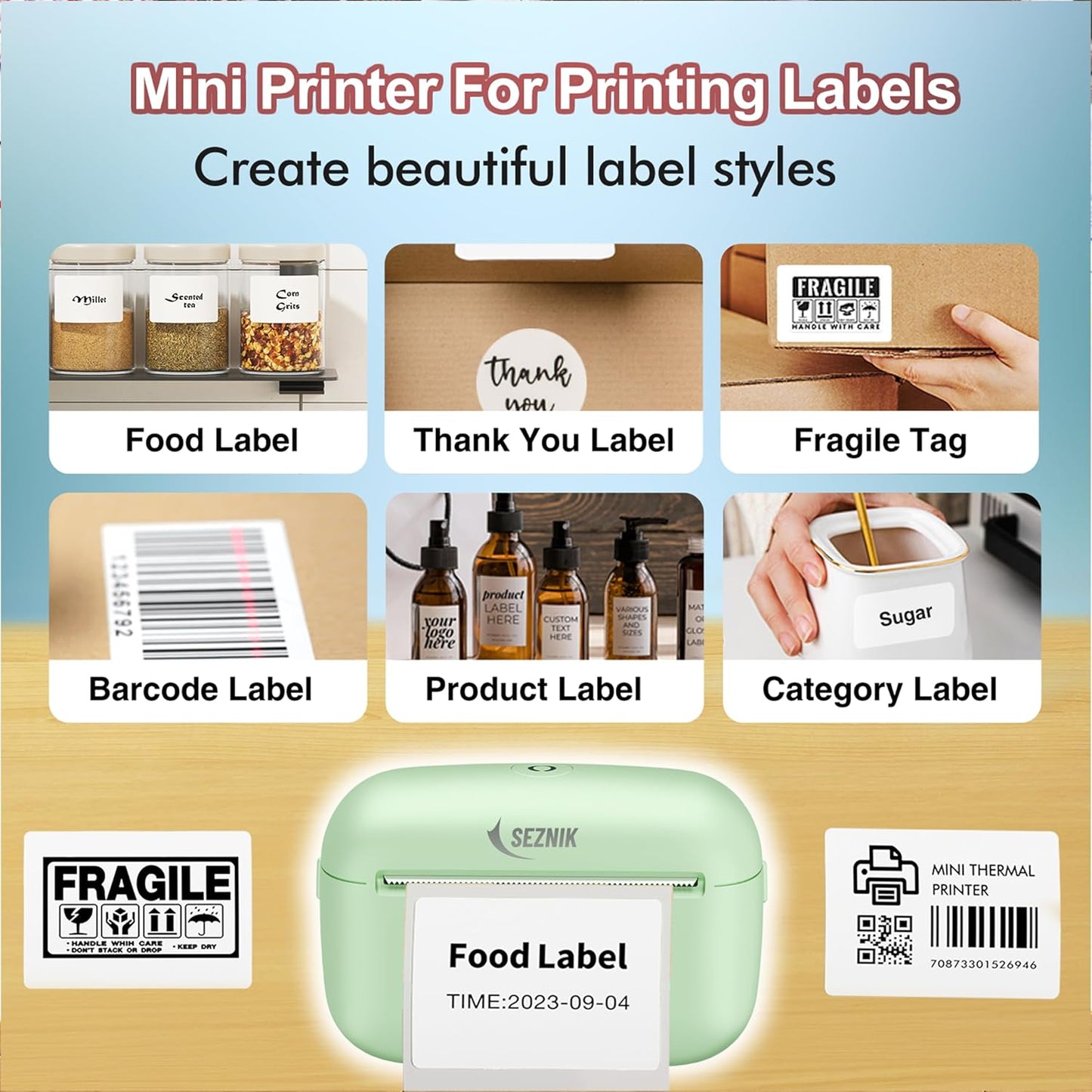 SEZNIK Mini Printer, Ultra Hd wireless Print 304 Dpi | Inkless | Portable Monochrome Home Inkjet Printers| Bluetooth Printer Compatible With Android Ios | 1 Year Warranty (Mini-Ultrahd-Green)