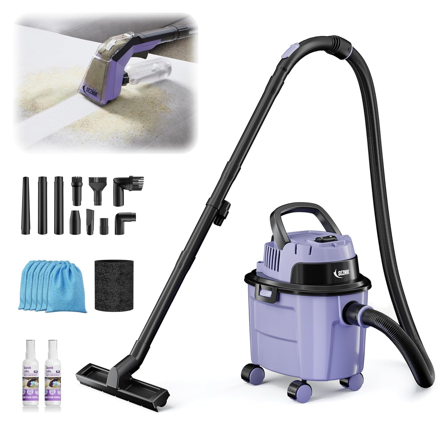 SEZNIK Mighty Wet and Dry Vacuum Cleaner for Home | Spot Cleaning & Blowing | 1300Watt, 20KPA Suction | 9 Attachments | 6m BIS Cord | Includes Free 1 Year Maintenance Kit Worth ₹2699 | 1 Year Warranty