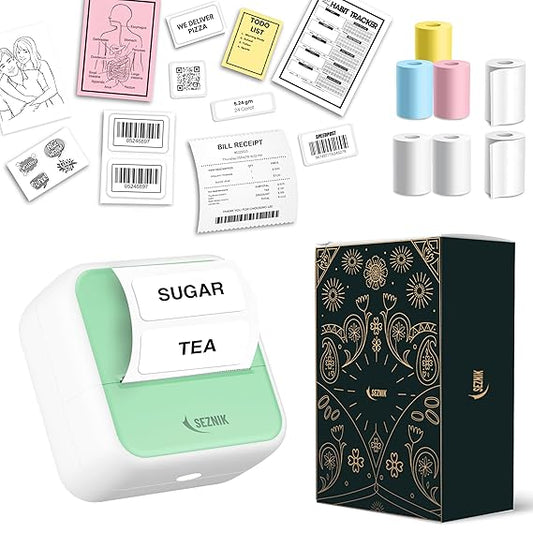 SEZNIK Mini Printer, Inkless, Thermal, Bluetooth, Portable Printer, Compatible Android, iOS Mobile. 1 Year Warranty (MiniX-Green)