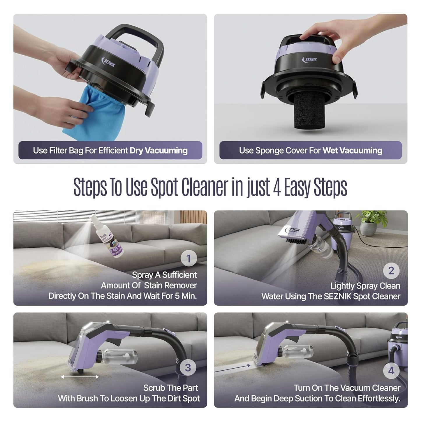 SEZNIK Mighty Wet and Dry Vacuum Cleaner for Home | Spot Cleaning & Blowing | 1300Watt, 20KPA Suction | 9 Attachments | 6m BIS Cord | Includes Free 1 Year Maintenance Kit Worth ₹2699 | 1 Year Warranty